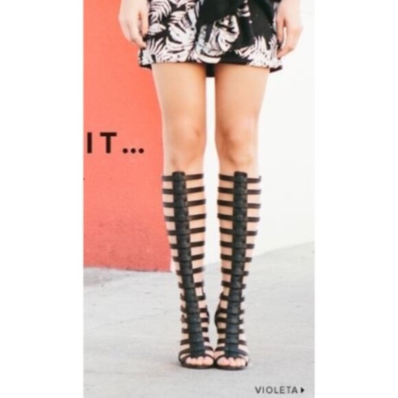 NIB ShoeDazzle Black Vegan Leather Back Zipper Strappy Gladiator Heeled Sandals - Picture 1 of 16